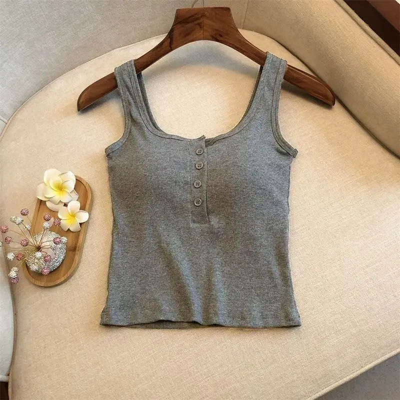1Pcs Women's Ribbed Henley Tank Top, Square Neck Button Front Built-in Bra Sleeveless Camisole