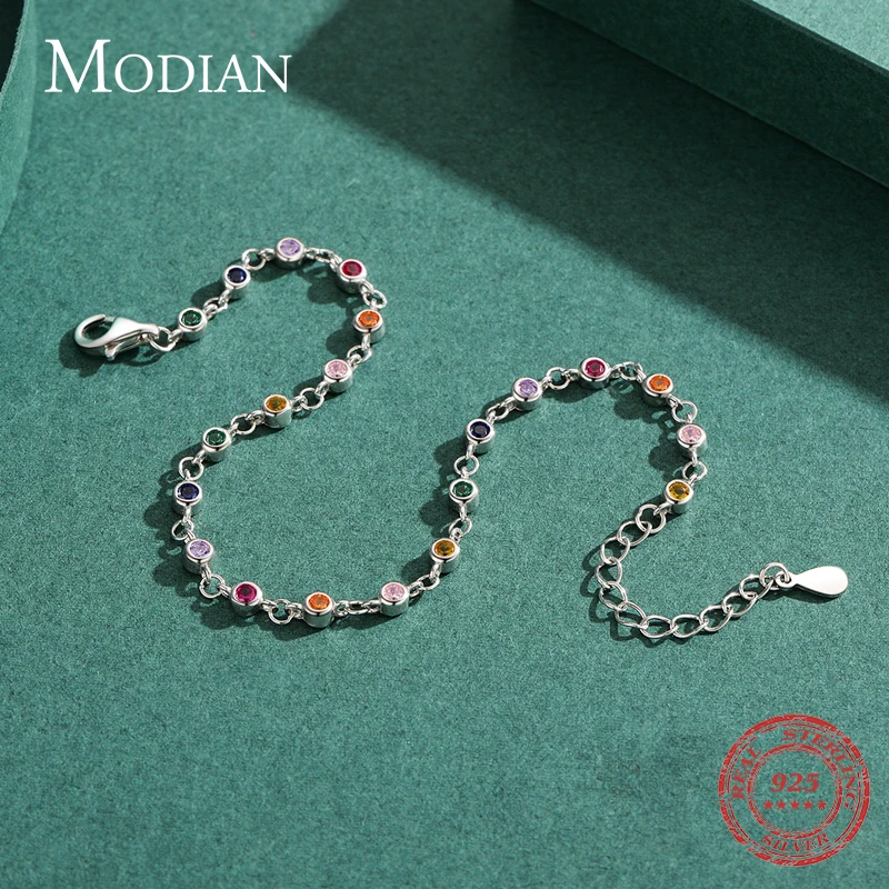 MODIAN Bohemia Style Jimat Rantai Gelang untuk Wanita Nyata 925 Perak Murni Pelangi Warna CZ Wanita Mode Perhiasan Aksesori