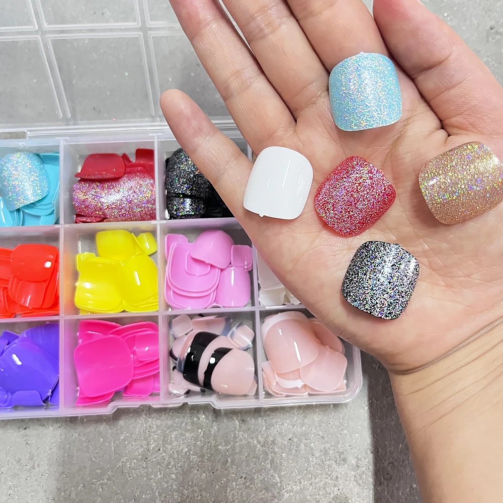 24*12=288 sztuk czarny laserowy brokat sztuczne paznokcie błyszczące laserowe złoto/francuski owalne krótkie kwadratowe sztuczne paznokcie mieszane naciśnij na paznokcie