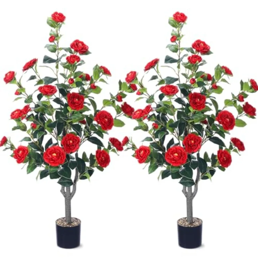

2 Pack 40" Artificial Tree with Camellia, Fake Tree with 36 Blooming Flowers, Flower Plants Tree Faux Floral Plant Tree in Ceme