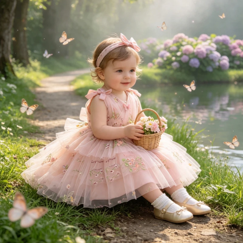 2026 Kleinkind-Prinzessinnenkleid Baby Mädchen 1. Geburtstagskleid mit großer Schleife Elegantes Hochzeitskleid für Mädchen Taufkleid Festkleid