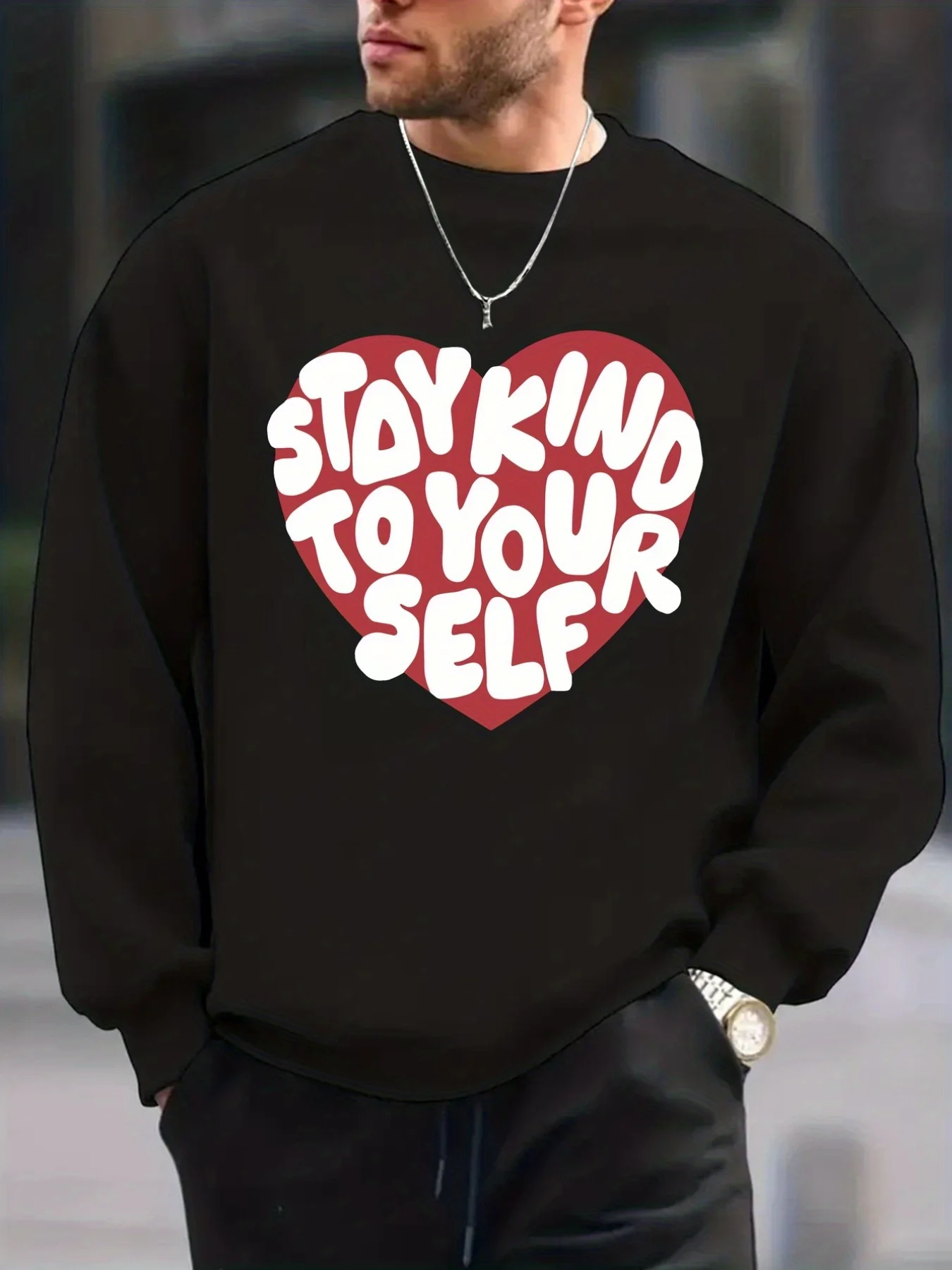 

Men's Inspirational "Be Kind to Yourself" Heart Print Crew Neck Sweater - Lettered, Medium Stretch Fabric, Re