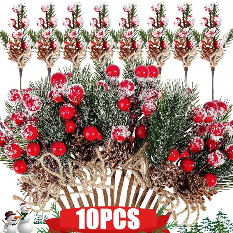 Christmas Pine Cones Branches Artificial Pine Picks Red Berries Branches DIY Christmas Wreath Xmas Tree Decoration Supplies