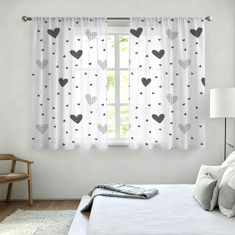 90g rod-mounted curtains, set of two, featuring a black-and-white-grey heart pattern, suitable for home decoration