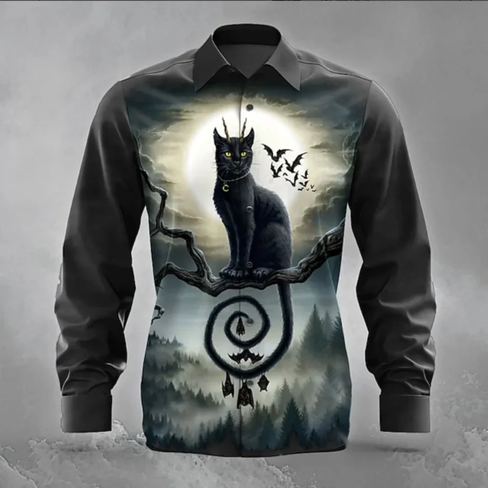 

Men's long-sleeved shirt new geometric 3D kitten print abstract fashion casual party street spring and autumn shirt
