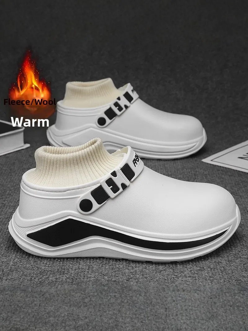 Men's Cotton Slippers Fleece Lined Thickened Winter Boots Leather Fur Integrated Cold Proof Full Wrap Black Cotton Shoes
