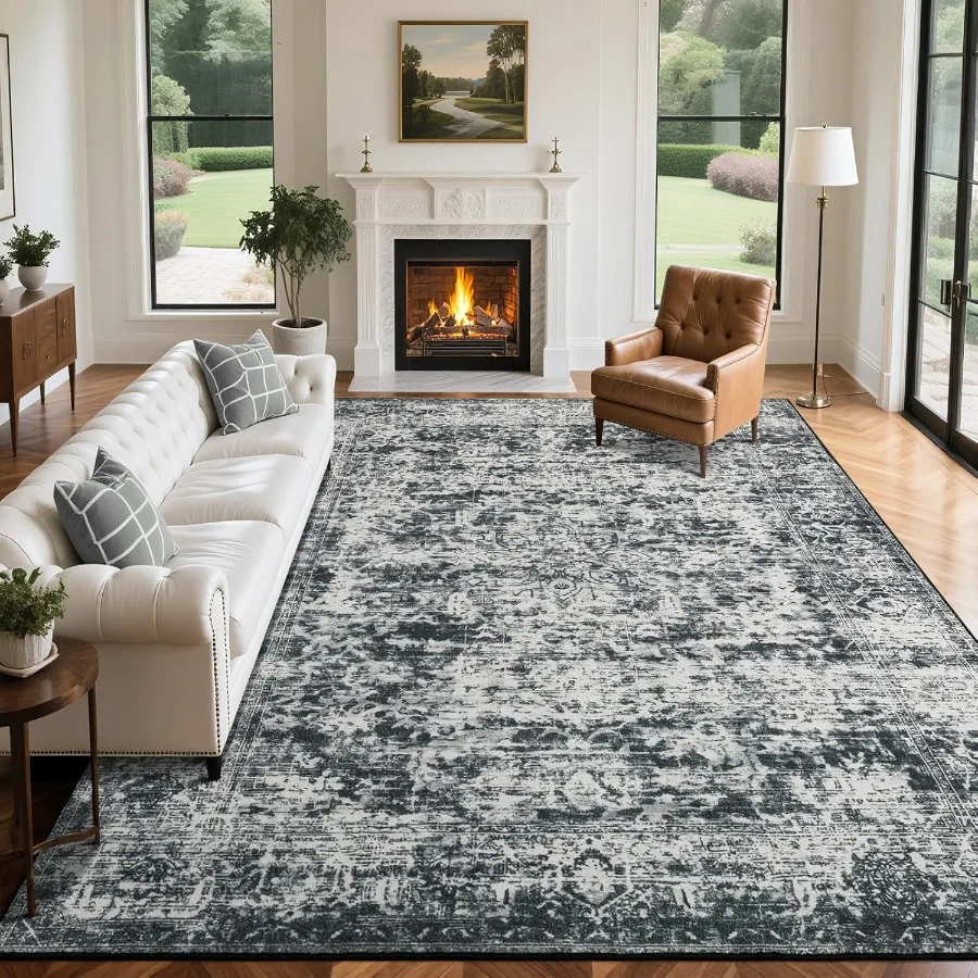 

9x12 Area Rugs for Living Room Large Washable Grey Rug Thin Non Slip Low Pile Carpet Vintage Abstract Boho Rug for Bedroom Dini