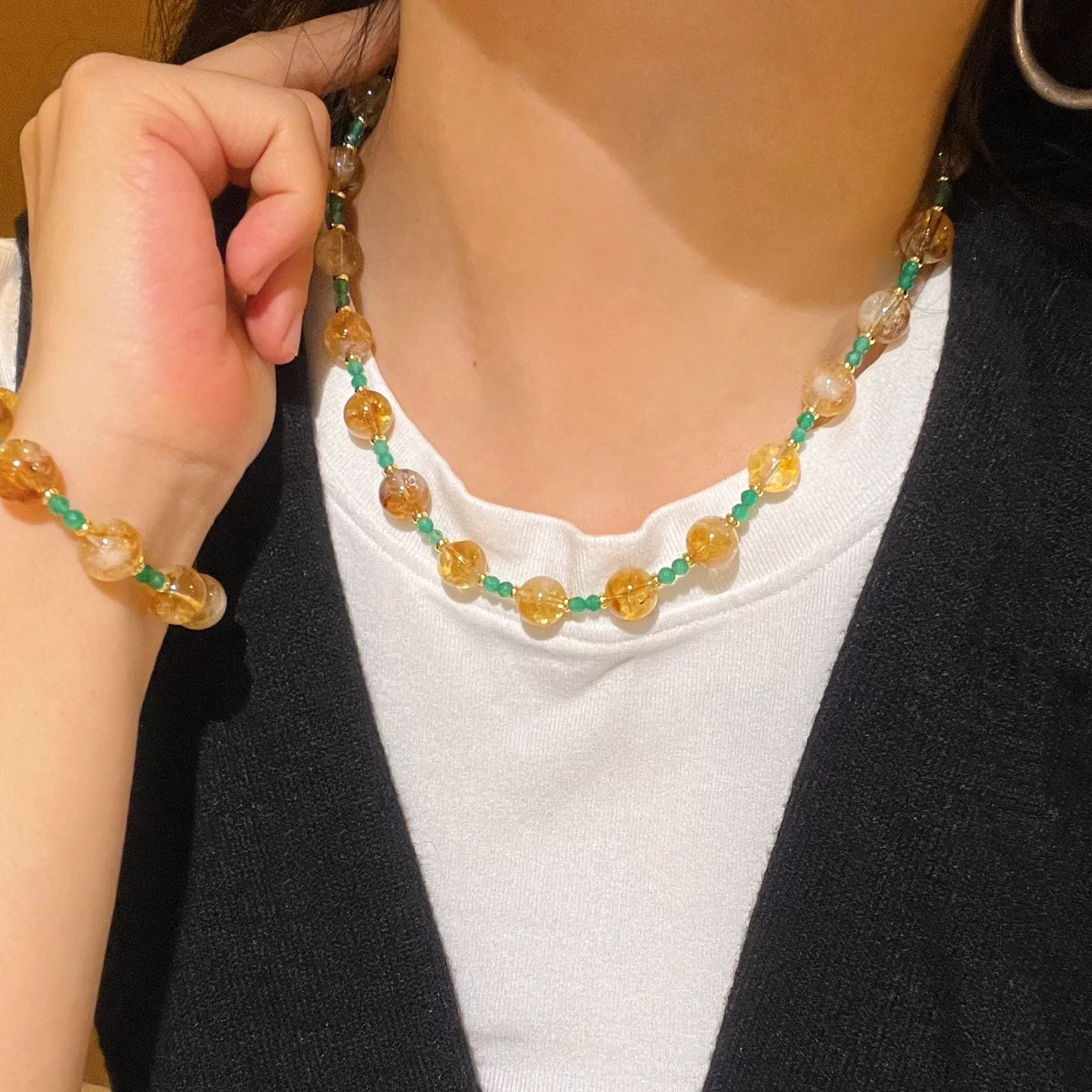 

Ожерелье и браслет из цитрина с бусинами из зеленого агата для женщин, колье-чокеры