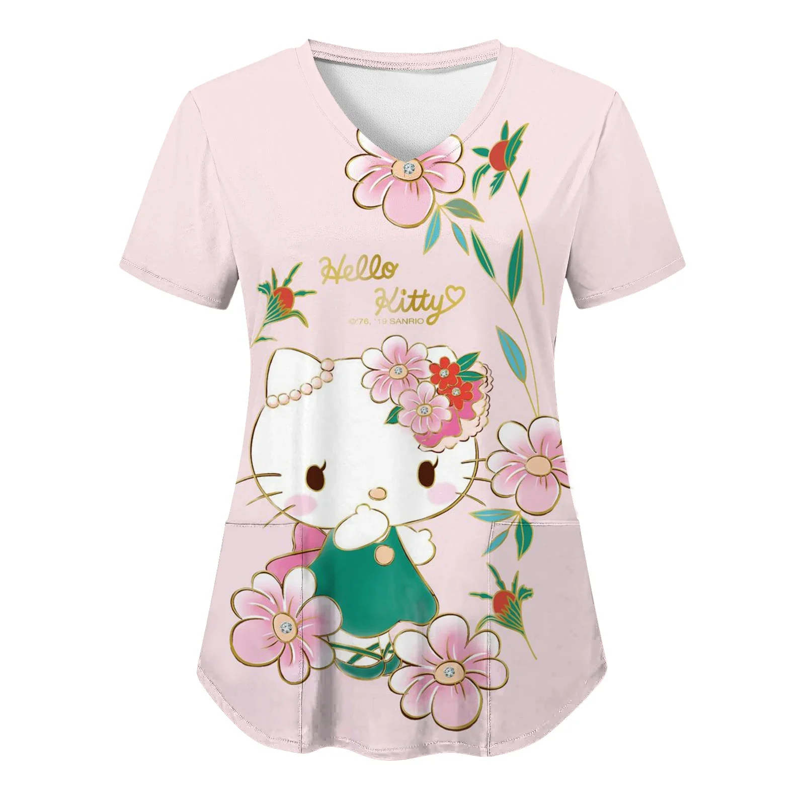 

2024 Hello Kitty Cartoon Print Nurse Uniform Women's Pocket Healthcare Nursing Scrubs Nurse Work Shirt Nursing Staff