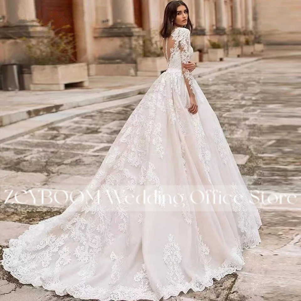 Elegant Tulle Appliques Long Sleeves Ball Gown Wedding Dress 2023 Illusion V-Neck Women Bride Gowns Court Train Vestido De Noiva