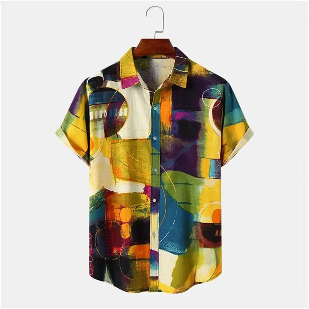 New Hawaiian Men's Summer Casual Flower Korean Retro Shirt Geometric Print Short Sleeve Button Top Loose Size