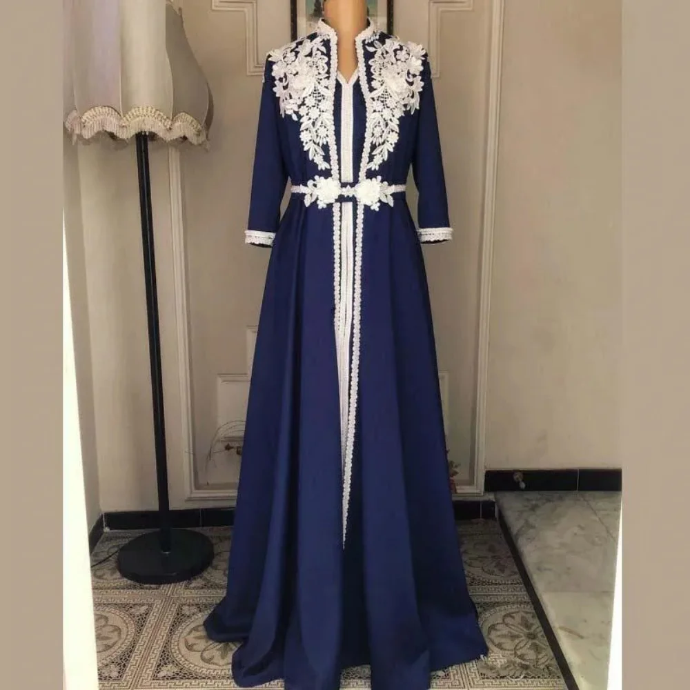 

Muslim Evening Dress Moroccan Kaftan Navy Vestidos De Festa Dubai Lace Applique Formal Dress Long Sleeve A-Line Prom Party Dress