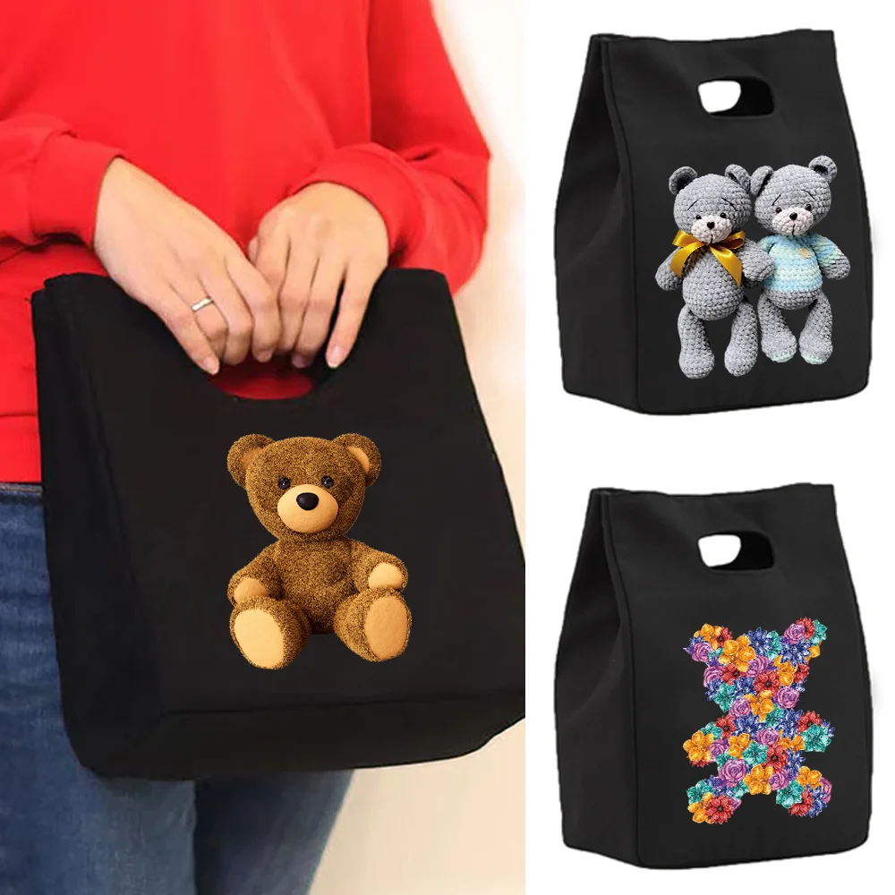 Insulated Lunch Bag for Women's Kids Cooler Bag Portable Canvas Bento Tote Thermal School Picnic Storage Pouch Bear Pattern