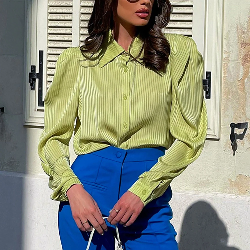 Early Autumn Ice Silk Shirt High Quality Office Lady Fashion Long Puff Sleeve Single Breasted Lapel Versatile Women's Top