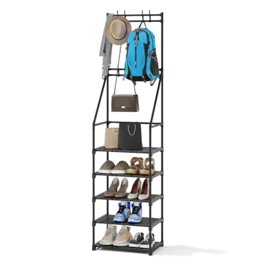 

3in1 Coat Shoe Rack SpaceSaving Hall Tree 5 Tier Shoe Storage with Removable Hooks Multifunctional SolutionBlack