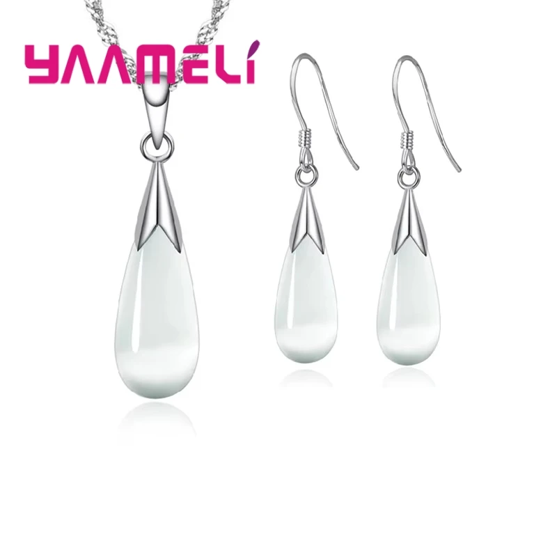 Pure Jewelry Set Simple 925 Sterling Silver Color White Pink Water Drop Opal Cat Eye Stone Pendant Necklace/Hook Earrings/Chain