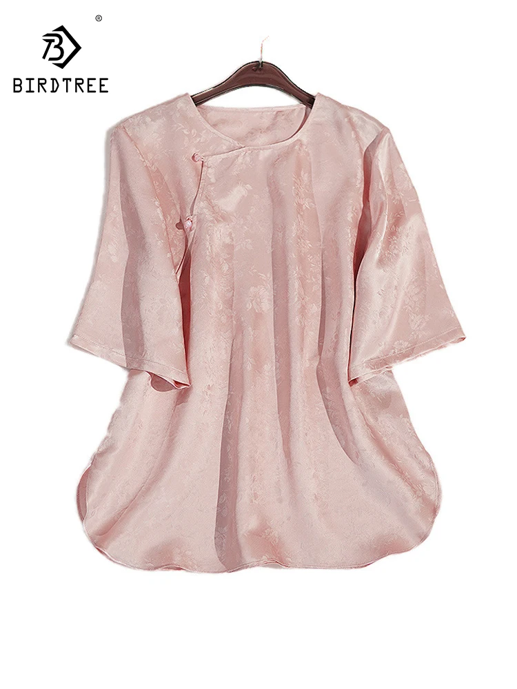 

BirdTree, 22MM 100%Real Silk Elegant T-Shirt, Women Short Sleeve Jacquard, Retro Commute Blouses, 2024 Summer Autumn T478120QC