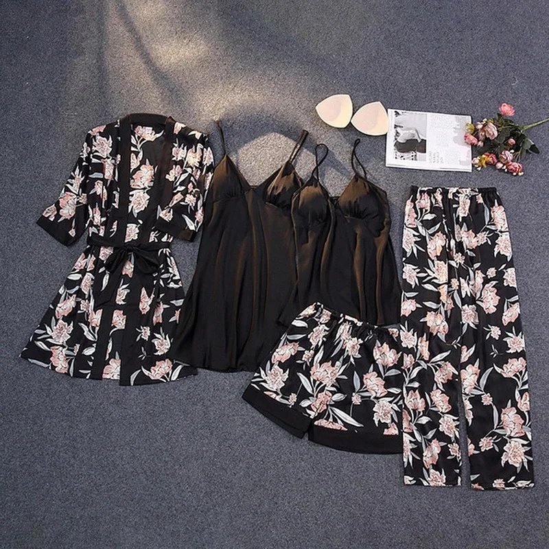 

New European and American Black Home Clothes Five-piece Set Fashionable and Comfortable Lace Pajamas Set Printed for Women