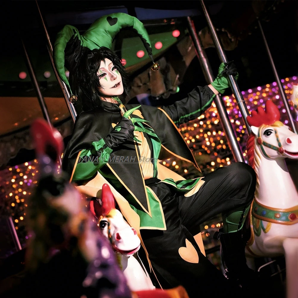 Carnival disfraz  Green Clown Freak Circus Pierrot Cosplay Harlequinn Clown Hat Halloween Horror Men adulto mujer view 4