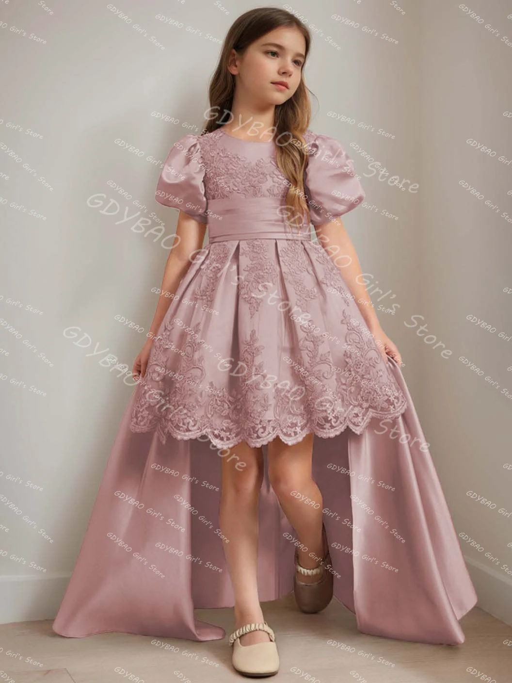 Lace Flower Girl Dresses for Wedding Kids Puff Sleeves Princess Pageant Gowns With Detachable Train Customized Birthday Frock