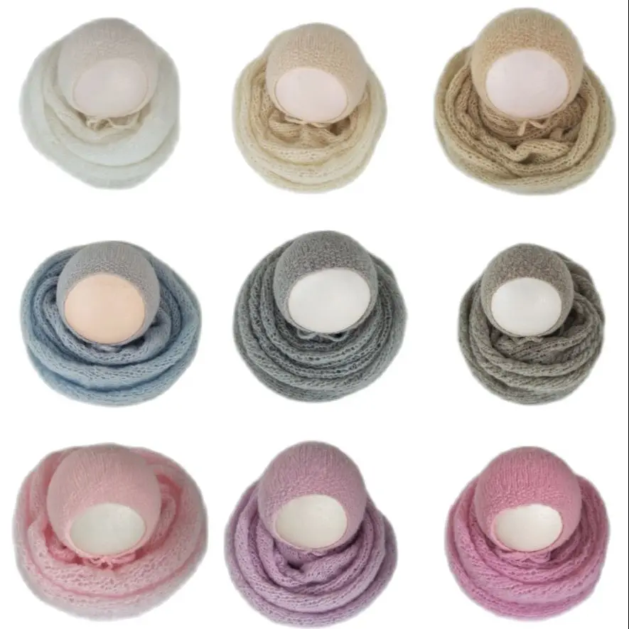 Stretch Knit 40X80cm Newborn Mohair Wrap Hat Set Baby Photography Swaddle Wrap Infant Shooting Outfits Newborn Baby Photo Props