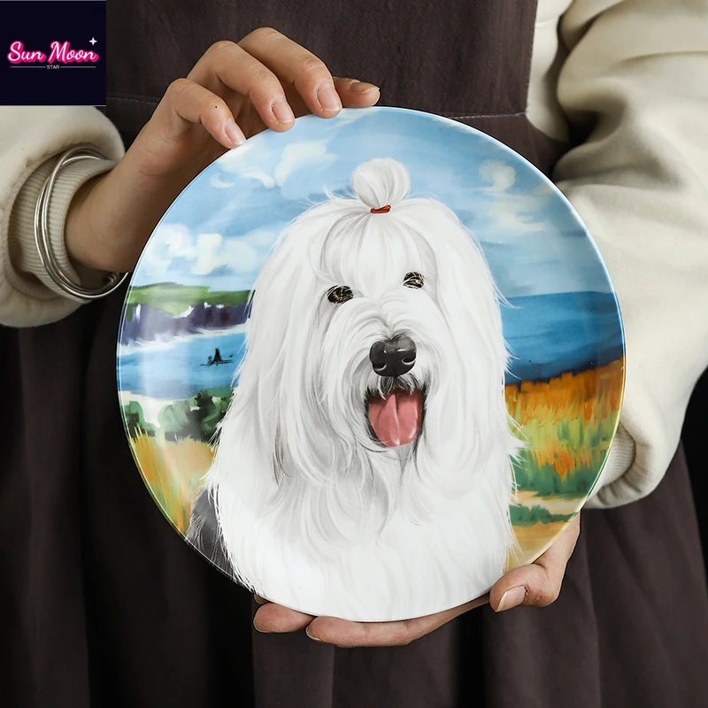 British Retro Herding Dog Animal Dessert Plate Round Household Shallow Plate Simple French Retro Dinner Plate Tableware Gift