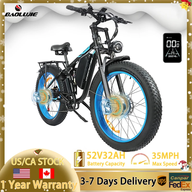 

Электровелосипед BAOLUJIE, пиковая мощность 5000 Вт, два двигателя, максимальная скорость 35 миль/ч, цветной ЖК-дисплей, съемная батарея 52В 32Ач