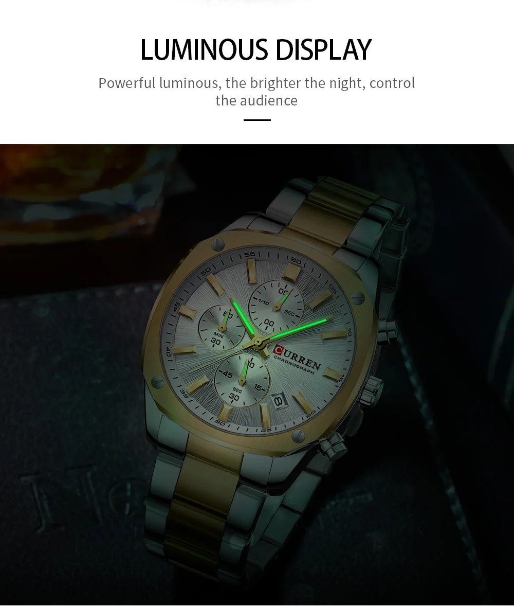 CURREN Business Casual Chronograph Uhr für Herren mit Edelstahlarmband und schwarzem Zifferblatt, leuchtenden Zeigern - Quarzwerk – Detail 5