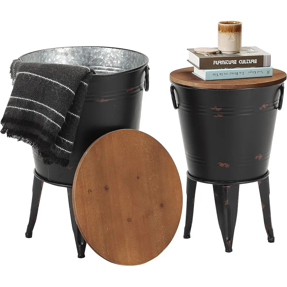 

Vintage Galvanized Metal Side Table with Wooden Lid, Set of 2 (Black)