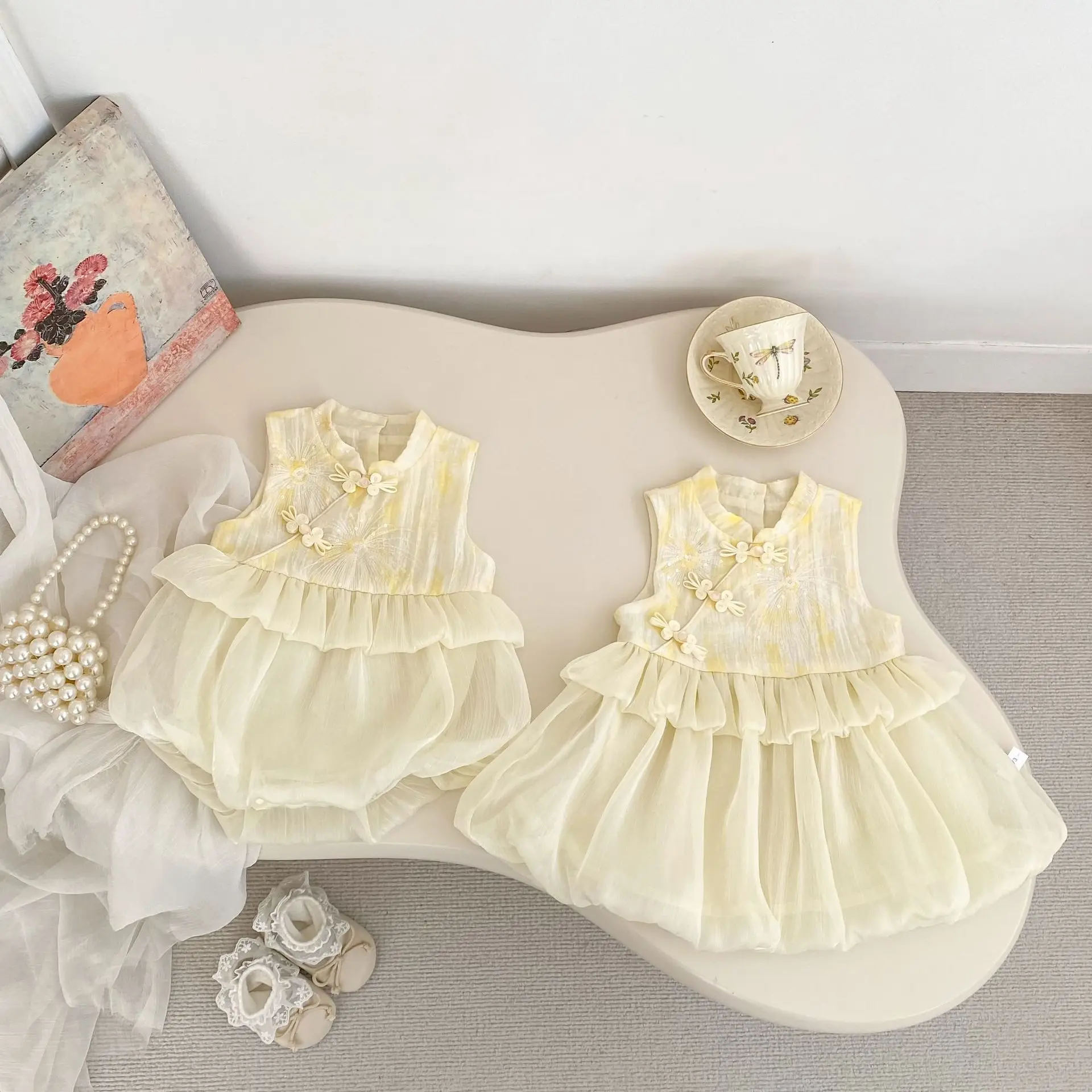 2026 girls' summer dress girls' 100 day banquet Romper dress gauze flower bud skirt new Chinese sisters dress