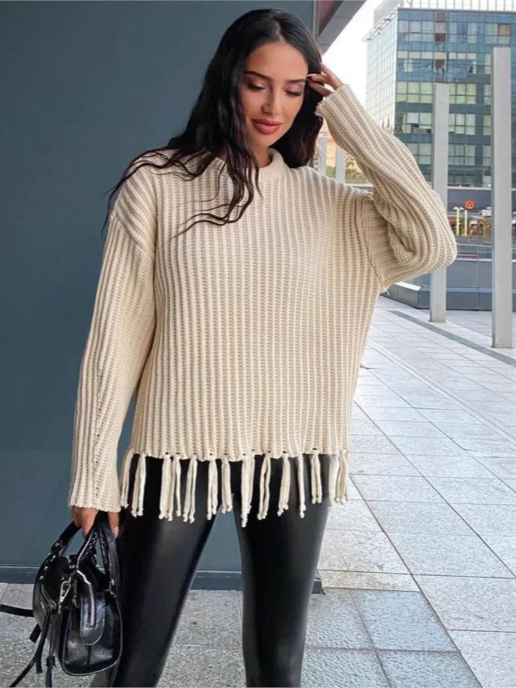 

Commuting Winter Clothes All-match Loose Simple Style Sweater Woman Pulls Femmes Comfortable Casual Homewear Tassel Solid Color