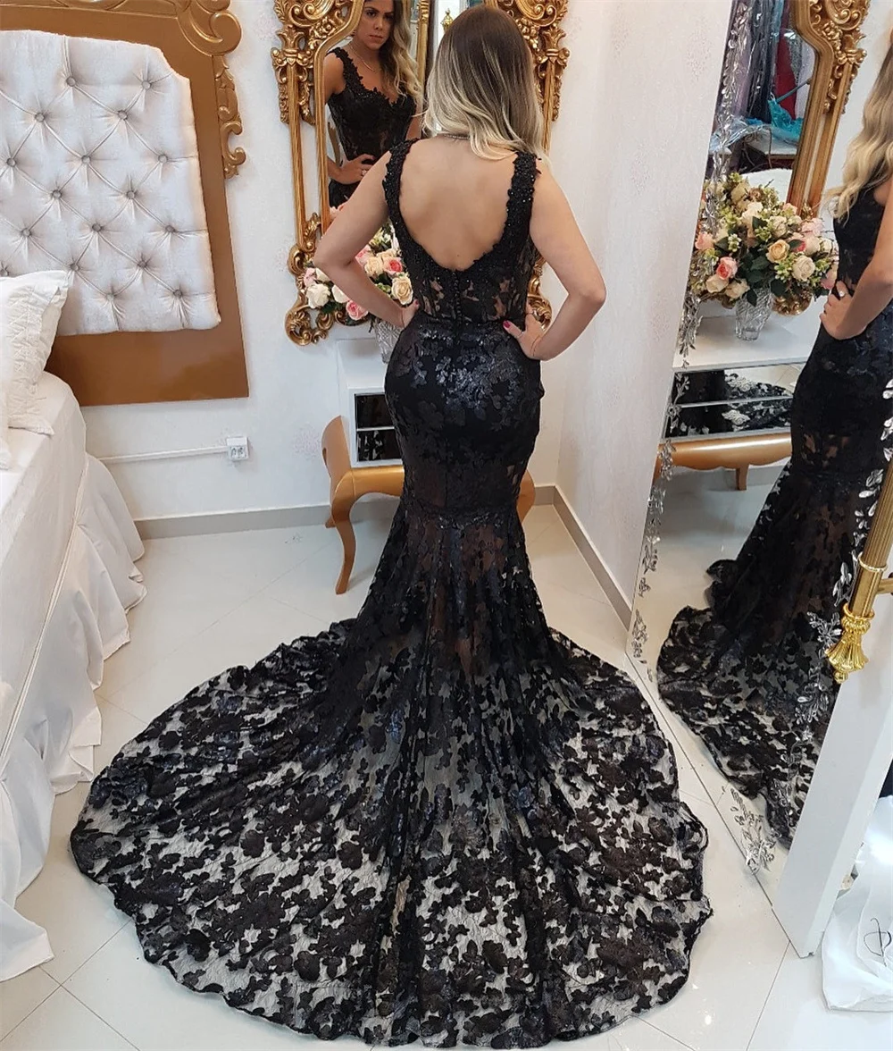 Cathy Black Lace Embroid فساتين السهرة Mermaid Prom Dress 2023 Sexy Fishtail Party Dresses Lace Sweep Train Vestidos De Noche