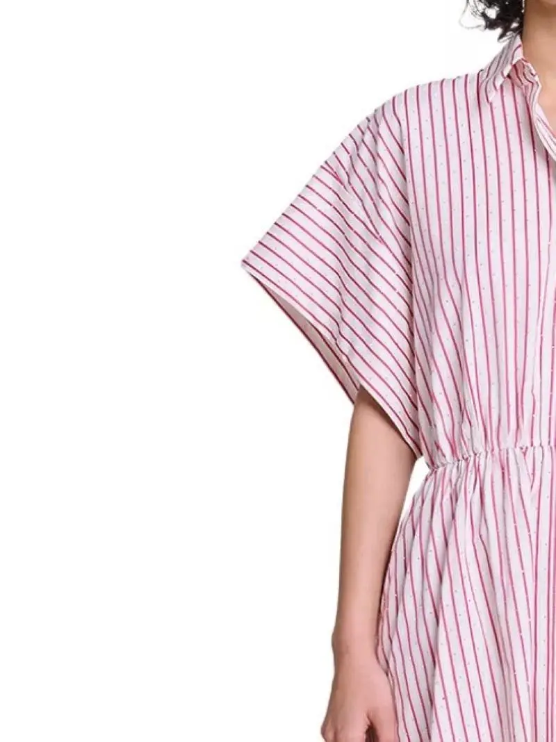 

Women Striped Shirt Midi Dress Diamond Decoration Turn-down Collar Single Breasted Batwing Sleeve Loose Autumn 2024 Robe