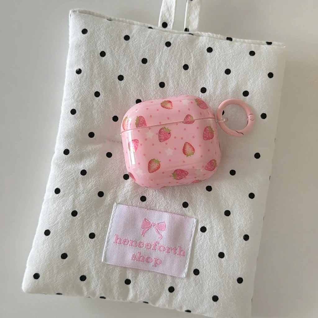 Spring Sweet Pink Strawberry Polka Dot Glossy With Hook Shock Proof Earphone Cover Case for AirPods 1 or 2 3 4 5 Pro 2 Pro 3