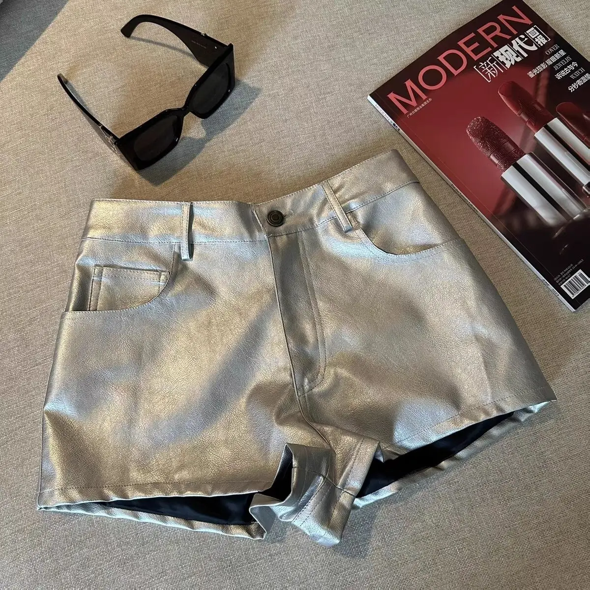Autumn New Silver PU Leather Shorts Spice Girls High Waist Skinny Hot Pants