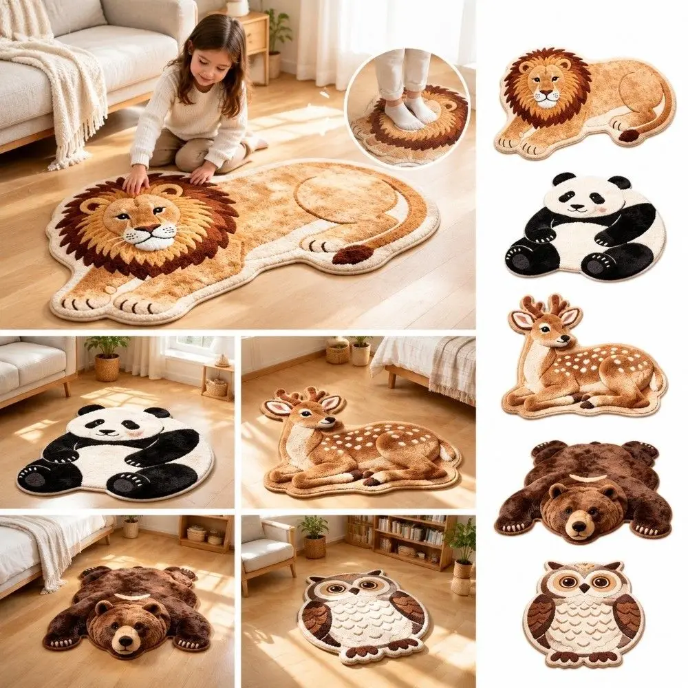 Soft Faux Cashmere Faux Animal Print Rug Moisture Absorbent Non Slip Backing Cute Animal Shaped Mat Machine Washable
