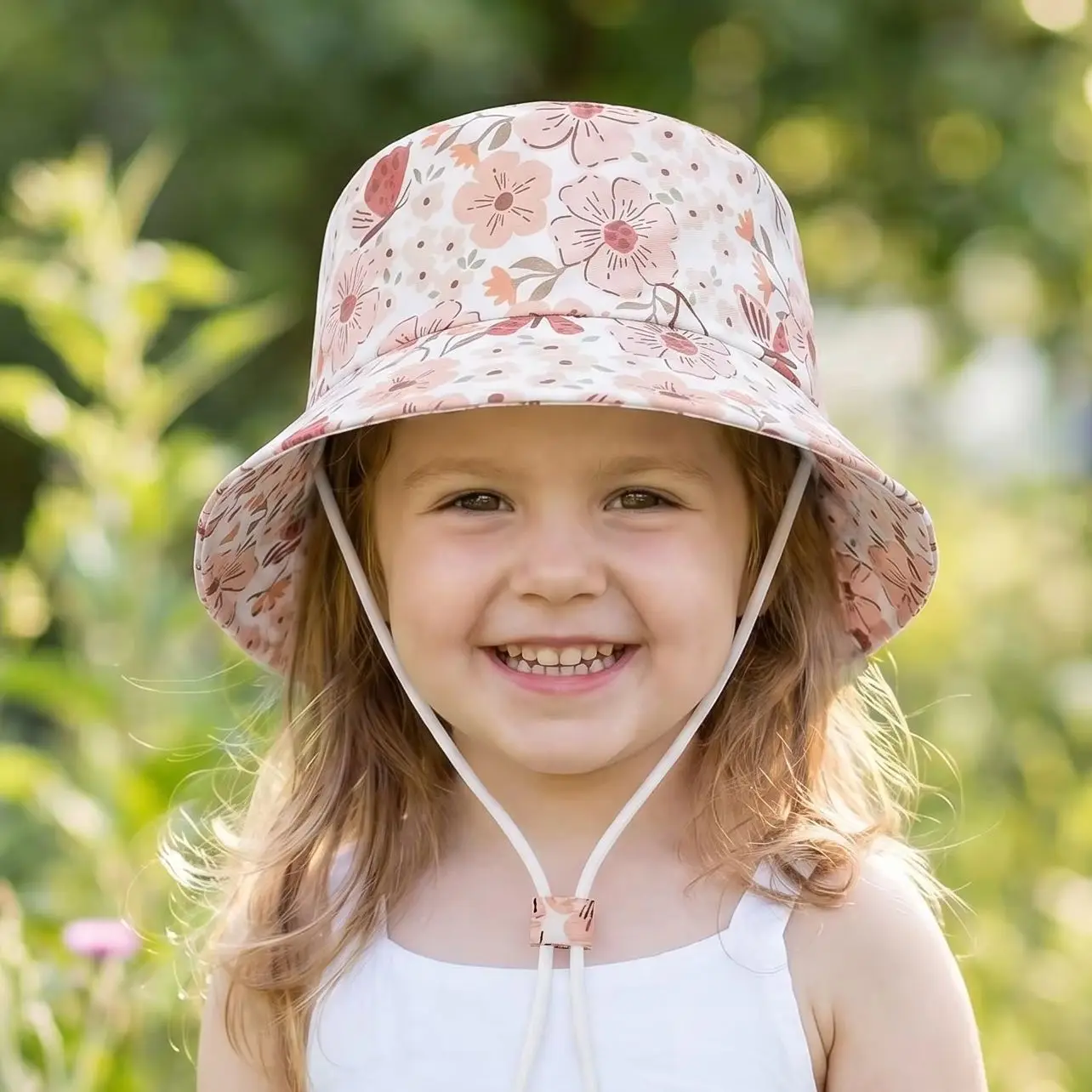 

1-8Y Summer Sweet Style Baby Sun Hat Floral Print Wide Brim Fisherman Hat for Girls Adjustable Chin Strap Outdoor Infant Cap