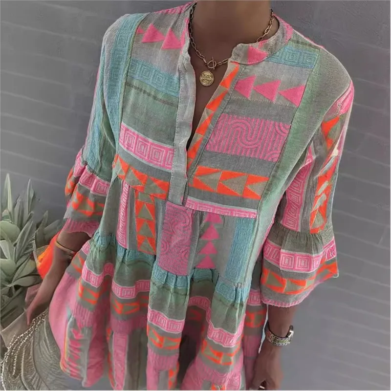 Women's Dresses 2024 New Autumn Print V-neck 3/4 Sleeve Dress Loose Geometric Print Ruffle Edge Panel Pullover Knee Length Dress