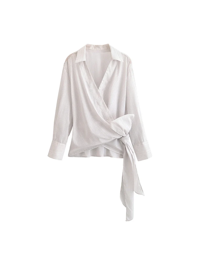 

European style new women's fashion versatile temperament simple lapel long sleeve striped waist tie shirt