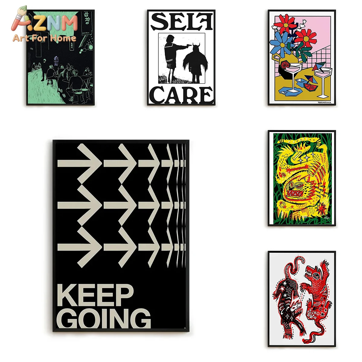 

AZNM Bold Keep Going Typography Canvas Wall Art, Vintage Korean Street Scene Self Care Print Poster, Quirky Korean Tiger Illustr