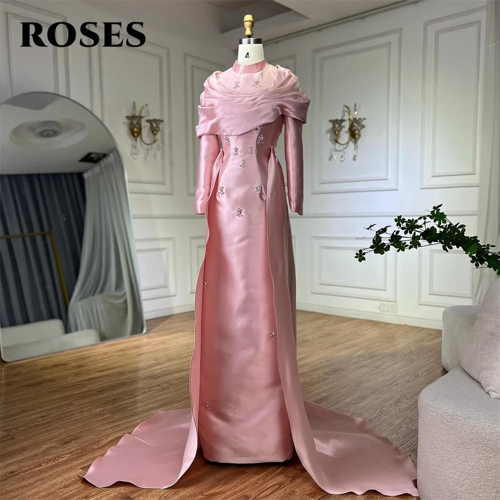 

ROSES Длинные вечерние платья с розовыми пятнами Русалка с круглым вырезом и блестками Мусульманские ночные платья с длинными рукавами Платье знаменитости для женщин по индивидуальному заказу