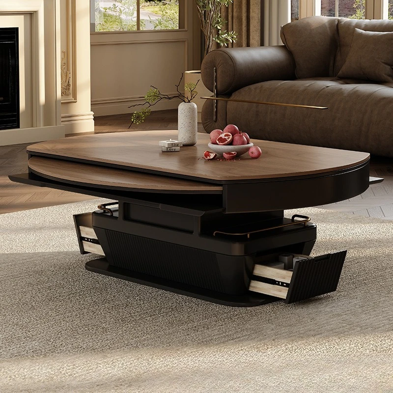 Lifting coffee table solid wood, foldable and retractable into a round table, one-piece dual-use