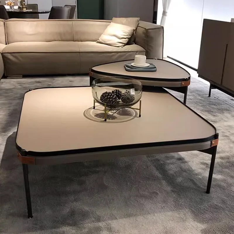 Italian minimalist coffee table, small apartment living room, light luxury saddle leather, stainless steel coffee table