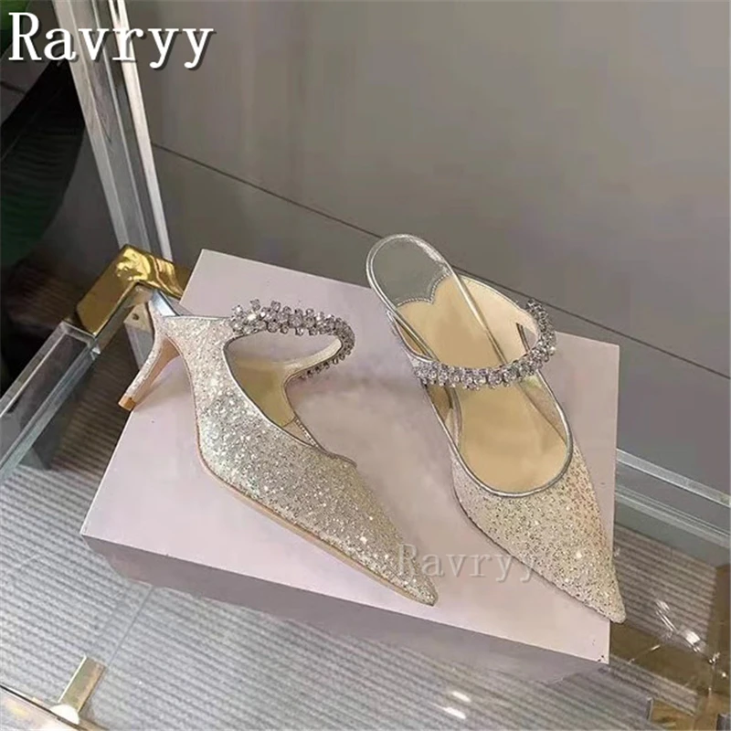 

Bling Crystal Chain Muller Shoes Luxury Women Party Wedding Shoes Sex Pointed Toe Mesh Sequin Shallow Thin High Heel Sandals