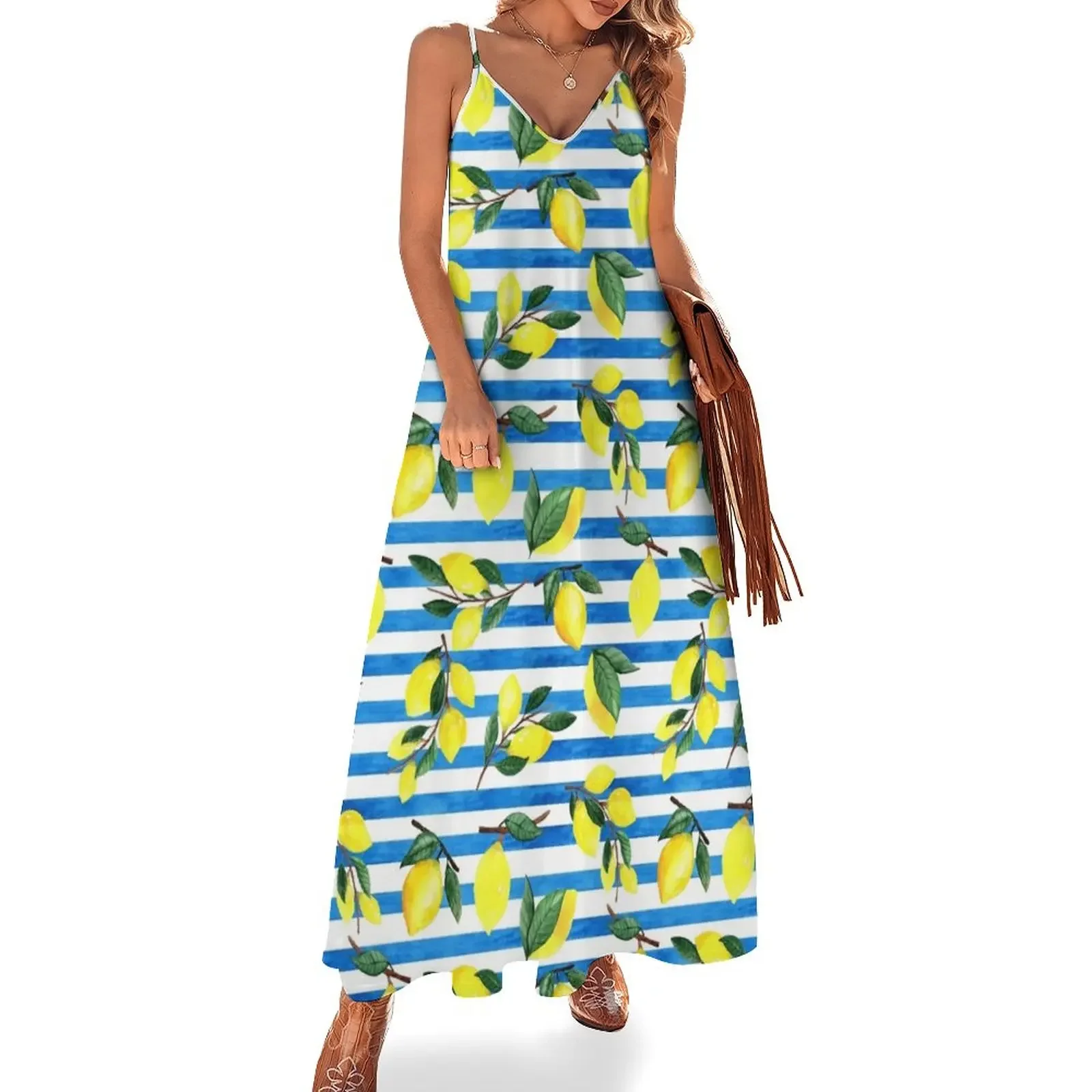 

Watercolor lemons on striped background Sleeveless Dress women clothing 2025 new arrivals Women's summer long dress Dress
