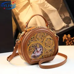 Luxury Fashion Genuine Leather Women's Handbags Carving Ladies Small Shoulder Crossbody Bag Portable Round Bags 2024 New