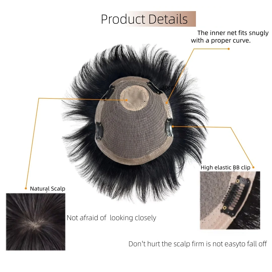 شعر مستعار طبيعي أسود ذكر شعر مستعار قصير باروكة من شعر طبيعي دبابيس داخل وصلات الشعر الجلد ودية تنفس غطاء علوي أصلع تساقط الشعر #3