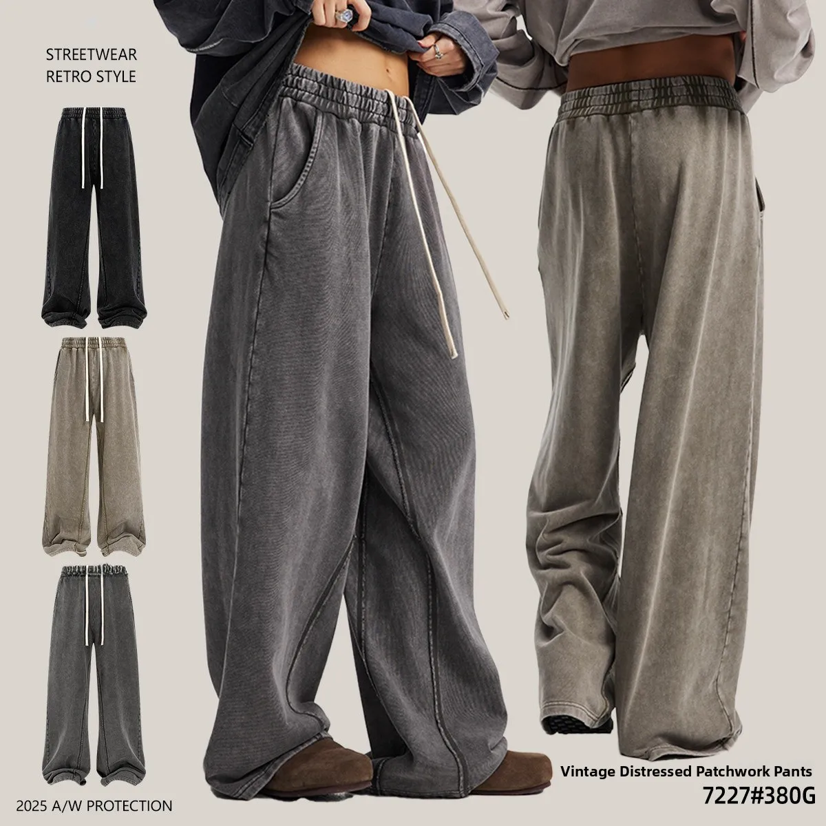 

American Sle Loose Retro Snowflake Wide Leg Men's Long Pants Casual Spor Loose Waist High Street Sle Cotton Pants