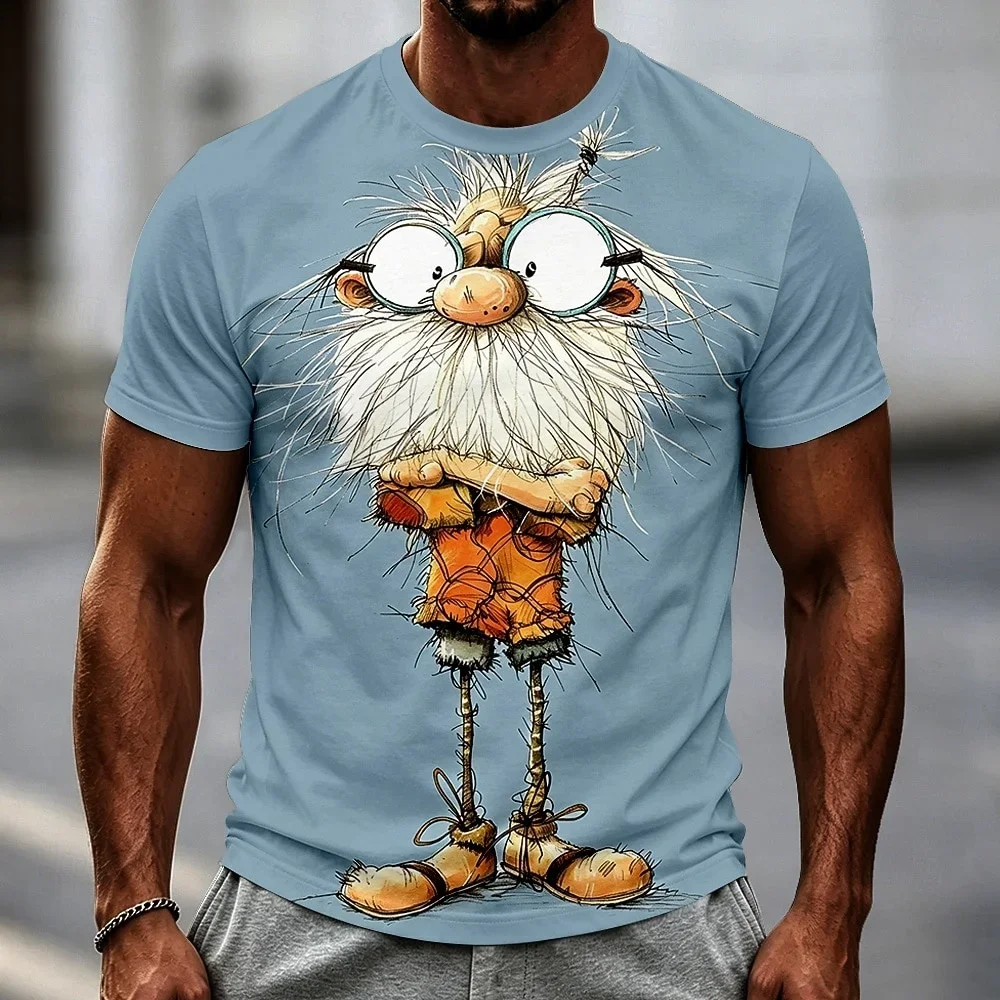 Funny Men Cute Cartoon Old Man Doodle Graphic T-Shirt Summer Casual Short Sleeve Novelty Tee Trend Street Unisex Crew Neck Shirt