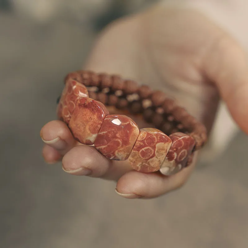 Natrual Rudrakasha Beads Coral Stone Bracelet Metal Brass Mashup Style Two Row Oriental Jewelry Couple Lover Wrist Band